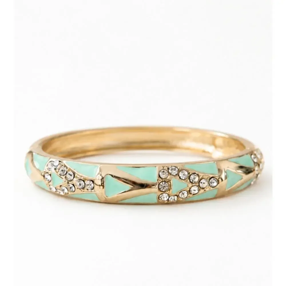 Sequin Mint Green Enamel Gold Rhinestone Hinge Bangle New